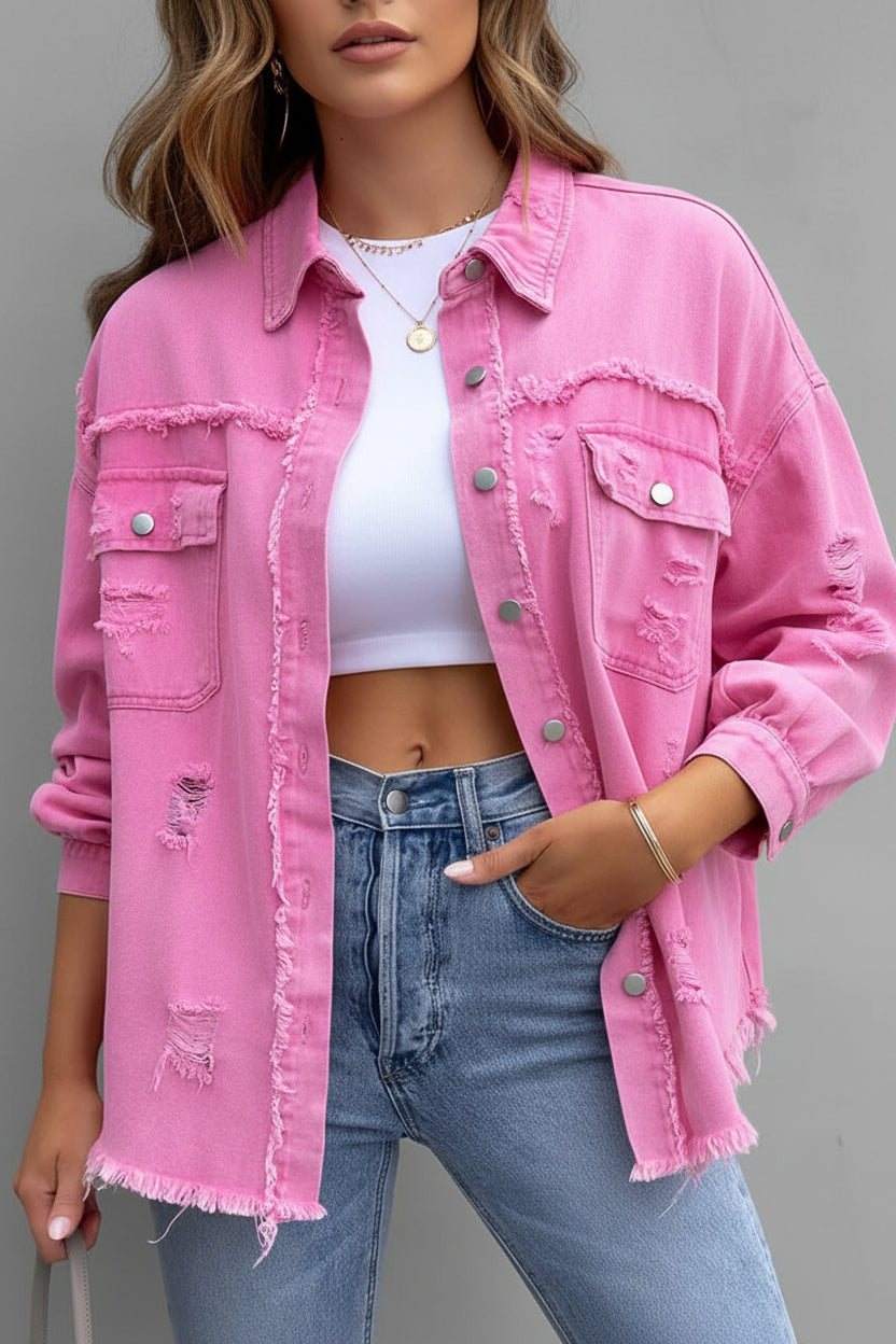 Heidi Fashion - Women's Ripped Denim Button-Up Shirt, Casual Relaxed Fit 0