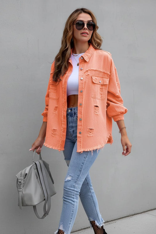 Heidi Fashion - Women's Ripped Denim Button-Up Shirt, Casual Relaxed Fit 2