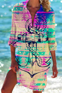 Heidi Long Beach Blouse - Lightweight Nautical Print Half-Sleeve Cover-Up 3