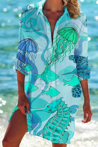 Heidi Long Beach Blouse - Lightweight Nautical Print Half-Sleeve Cover-Up 4