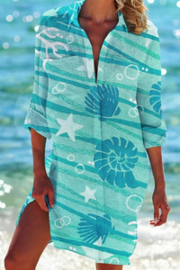 Heidi Long Beach Blouse - Lightweight Nautical Print Half-Sleeve Cover-Up 5