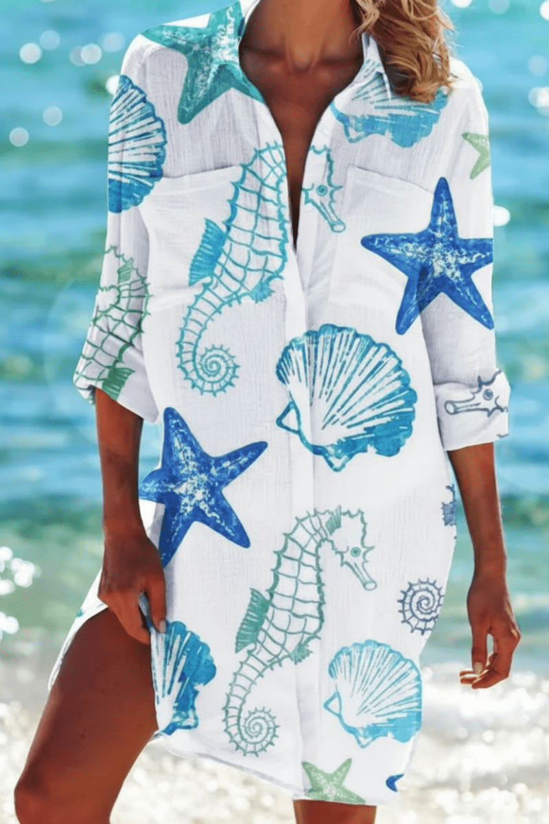 Heidi Long Beach Blouse - Lightweight Nautical Print Half-Sleeve Cover-Up 6