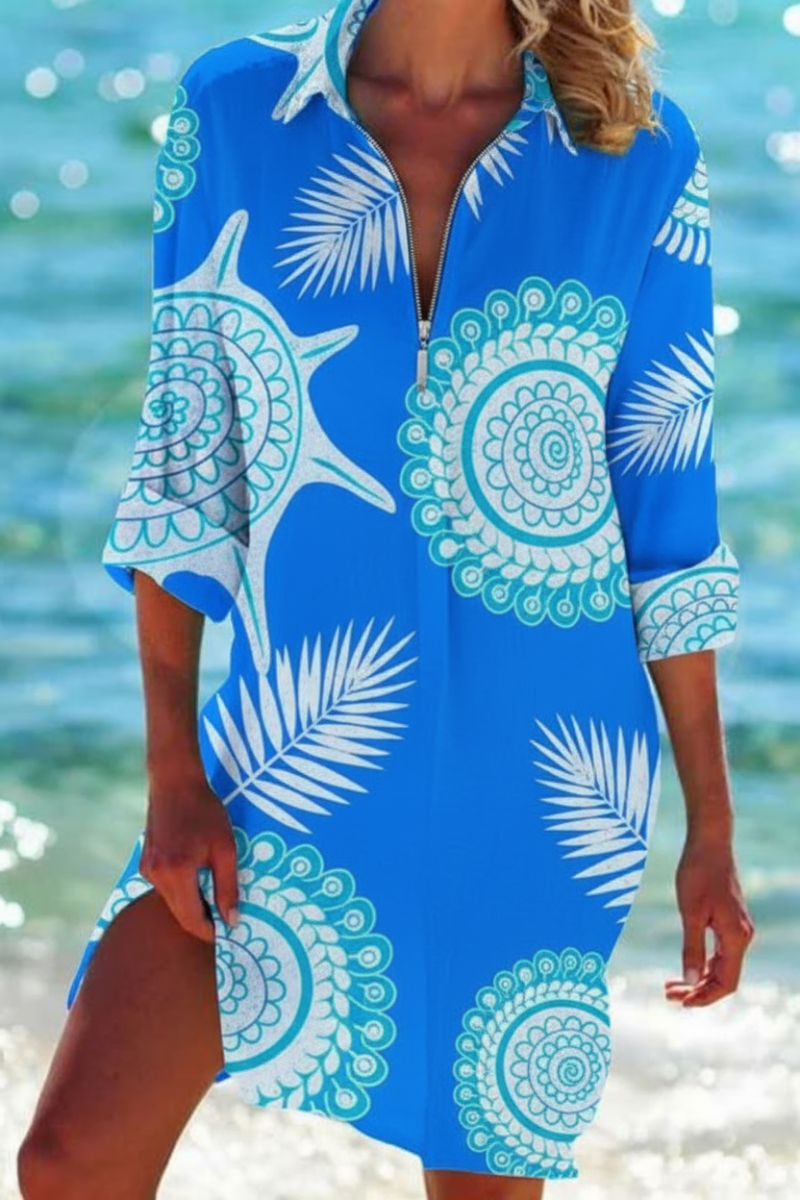 Heidi Long Beach Blouse - Lightweight Nautical Print Half-Sleeve Cover-Up 8