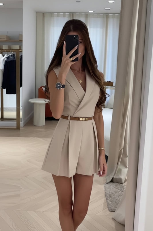 Heidi Women's Cotton Sleeveless Romper with Stylish Belt & Turn-Down Collar 1