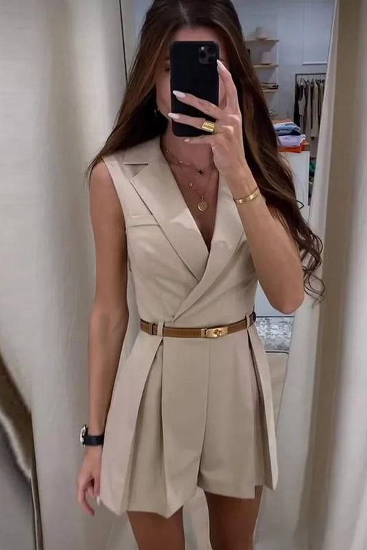 Heidi Women's Cotton Sleeveless Romper with Stylish Belt & Turn-Down Collar 3