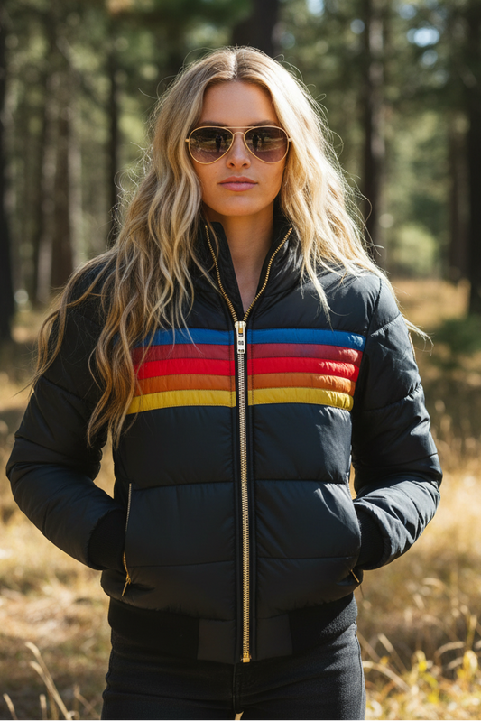 Hesterr - Women's Plush Winter Coat with Functional Hood & Rainbow Pattern 1