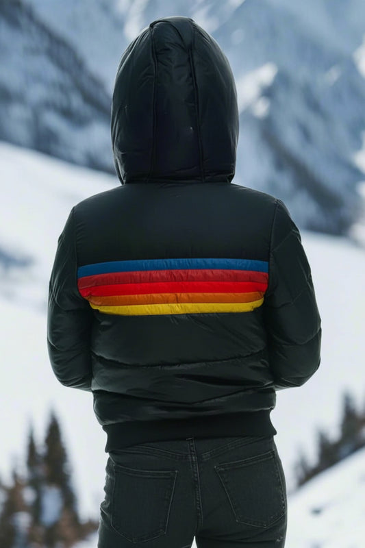 Hesterr - Women's Plush Winter Coat with Functional Hood & Rainbow Pattern 2