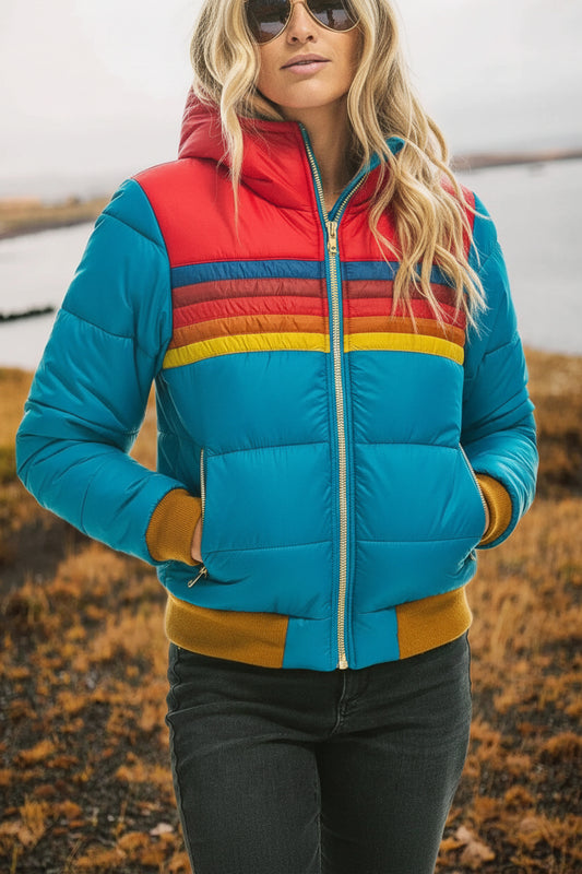 Hesterr - Women's Plush Winter Coat with Functional Hood & Rainbow Pattern 5