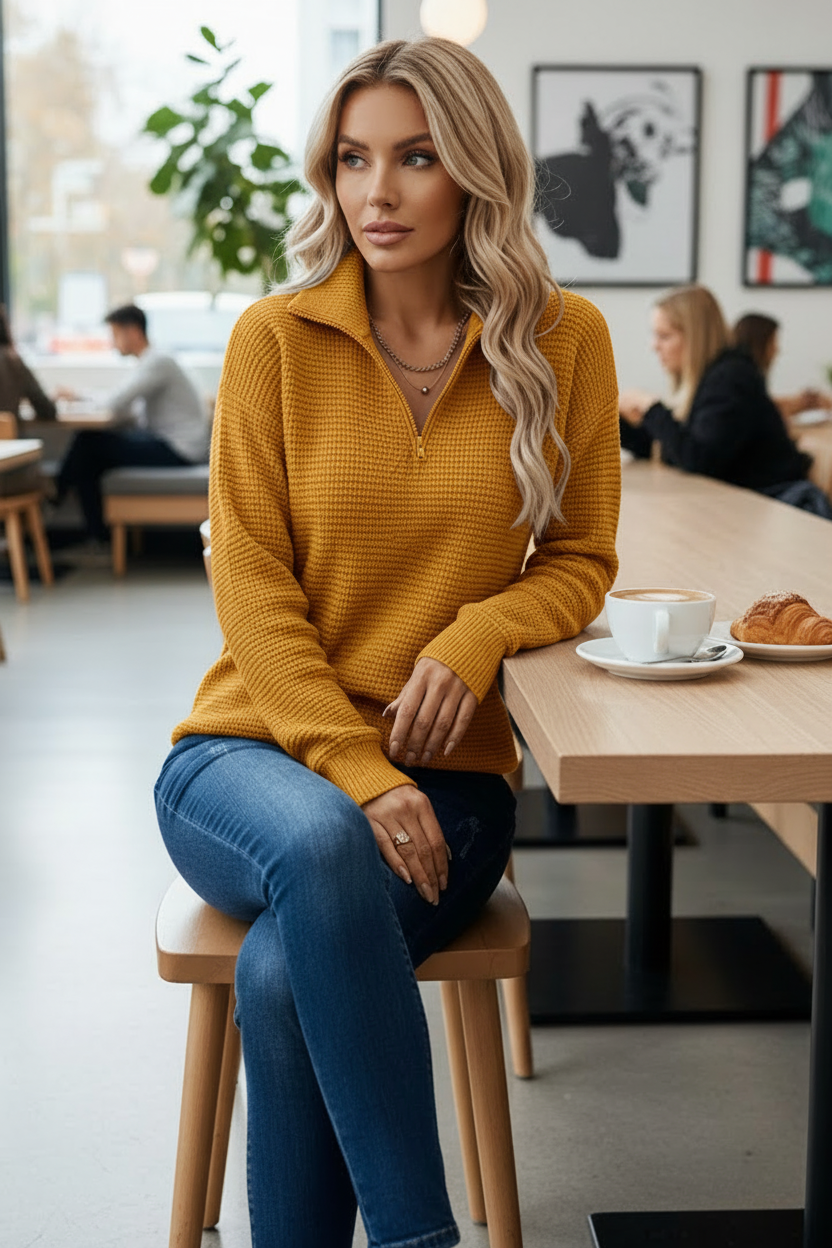 AÉRA – Women’s Relaxed Fit Sweater with Adjustable Zipper Collar