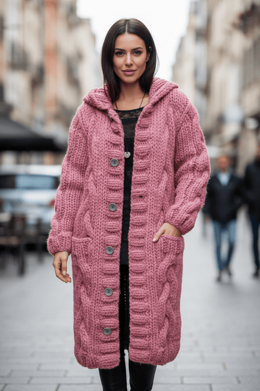 WARMÉA – Chic Oversized Cable Knit Cardigan with Front Buttons for Women