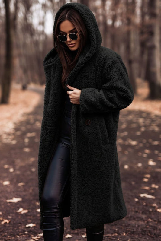 Long Women's Teddy Coat with Hood - Cozy Winter Outerwear for Comfort 5