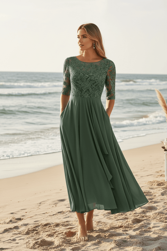 MIDELLE – Chic Midi Dress with Elegant High Waist and Short Sleeves