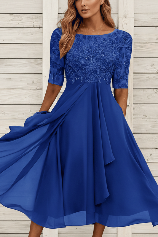 MIDELLE – Chic Midi Dress with Elegant High Waist and Short Sleeves