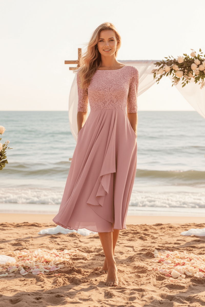 MIDELLE – Chic Midi Dress with Elegant High Waist and Short Sleeves