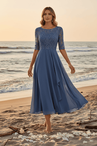MIDELLE – Chic Midi Dress with Elegant High Waist and Short Sleeves