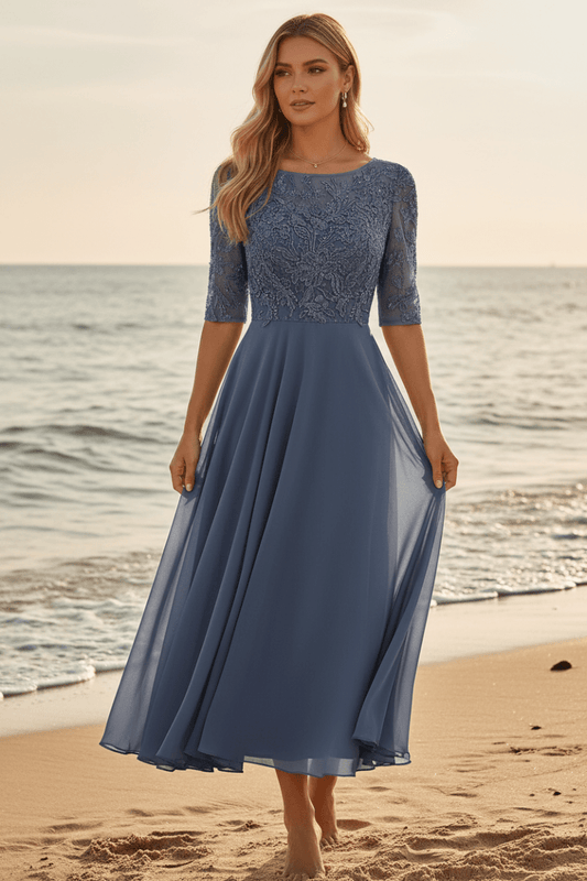 MIDELLE – Chic Midi Dress with Elegant High Waist and Short Sleeves