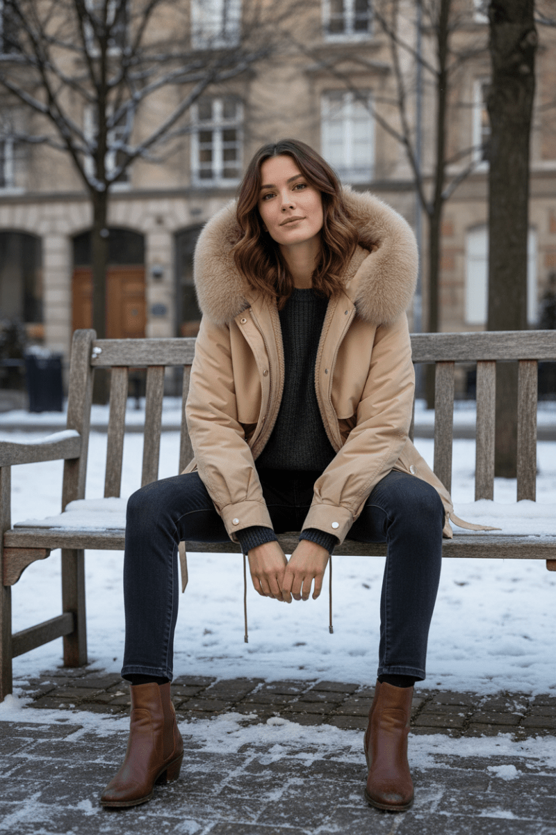 FURORA – Elegant Women’s Puffer Jacket with Cozy Fur Collar for Spring Warmth