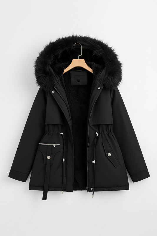 FURBELT – Stylish Plus Size Women’s Jacket with Faux Fur Hood & Adjustable Waist