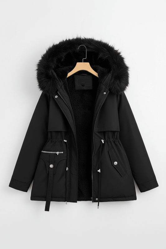 FURBELT – Stylish Plus Size Women’s Jacket with Faux Fur Hood & Adjustable Waist