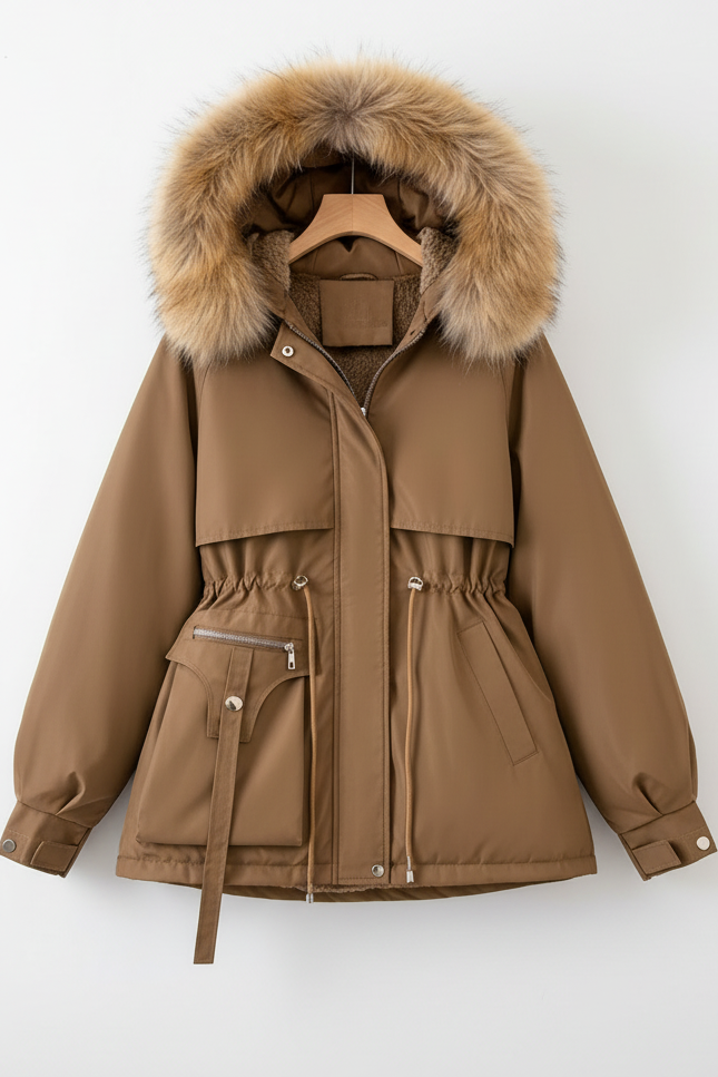 FURBELT – Stylish Plus Size Women’s Jacket with Faux Fur Hood & Adjustable Waist