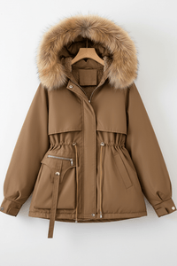 FURBELT – Stylish Plus Size Women’s Jacket with Faux Fur Hood & Adjustable Waist