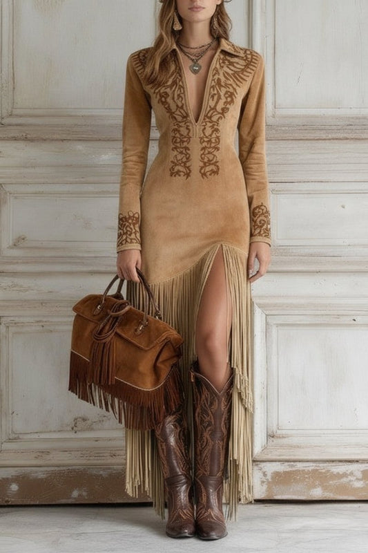 Maria - Women's Suede Fringe Maxi Dress for Effortless Summer Style 1