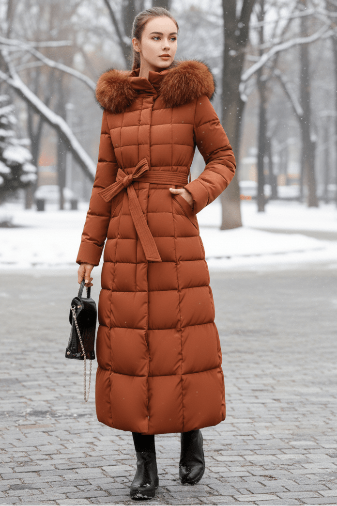 COZYRA – Sleek Long Spring Puffer Jacket with Hood for Women | Warm & Stylish