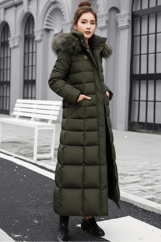 COZYRA – Sleek Long Spring Puffer Jacket with Hood for Women | Warm & Stylish