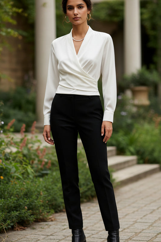 Ruby - Women's Long Sleeve Satin Blouse with Wrap Front for Elegant Style 0