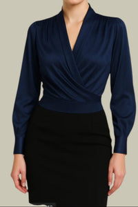 Ruby - Women's Satin Blouse with Wrap Front Design & Long Sleeve Elegance 1