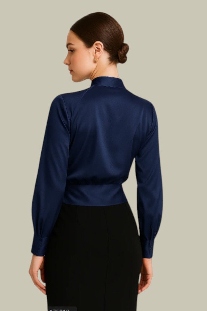 Ruby - Women's Satin Blouse with Wrap Front Design & Long Sleeve Elegance 2