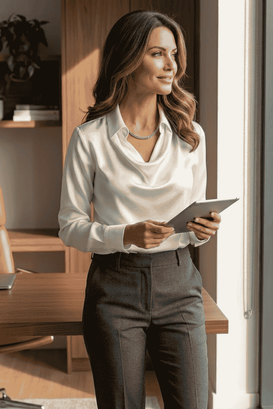 SATINÉ – Draped Neck Long Sleeve Blouse for Women with Timeless Elegance