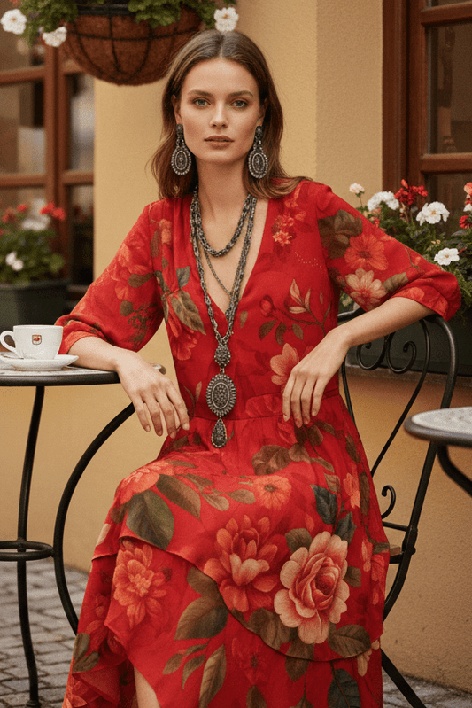 SAMANTHÉRA – Women’s Vintage Boho V-Neck Maxi Dress for Summer Elegance