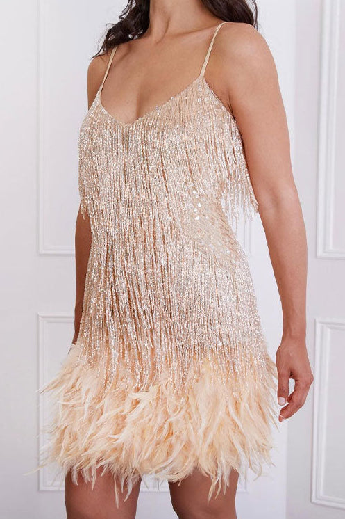 Samba - Elegant Sequin Cocktail Dress with Feather Hem for Ladies Parties 10