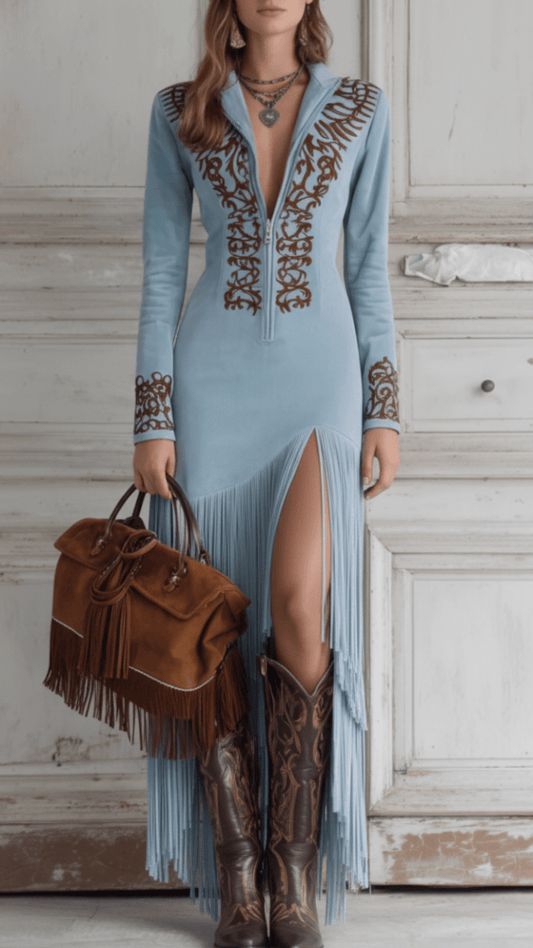 MARIA – Women’s Suede Fringe Maxi Dress for Summer Wear