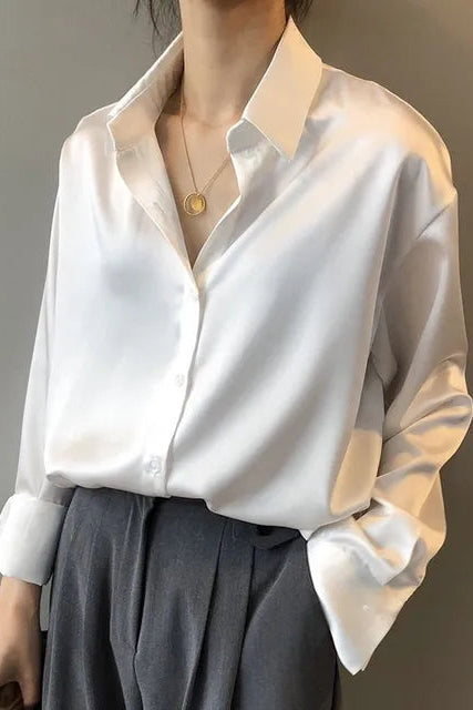 Stella - Women's Long Sleeve Satin Blouse with Button Down Design 1