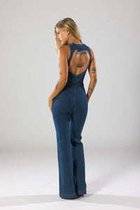 Stylish Denim Jumpsuit for Women - Deep V-Neck & Flared Legs, Tailored Fit 2