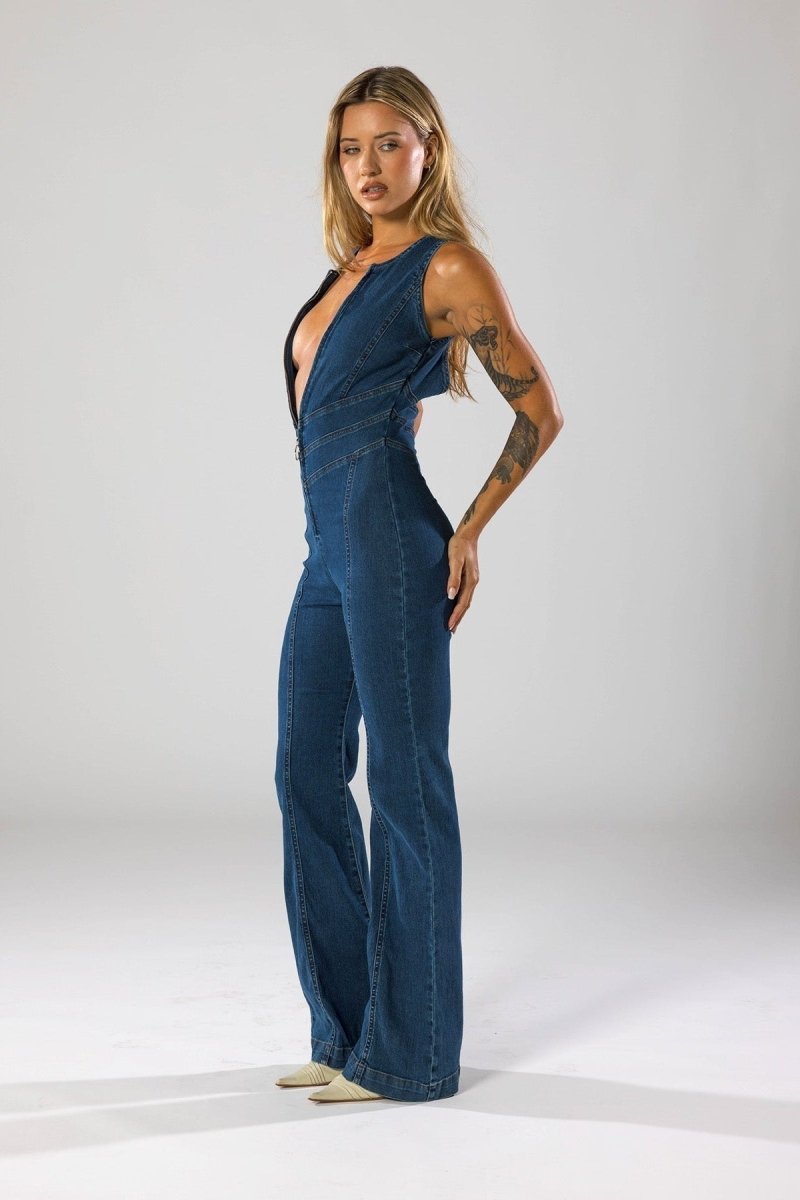 Stylish Denim Jumpsuit for Women - Deep V-Neck & Flared Legs, Tailored Fit 5
