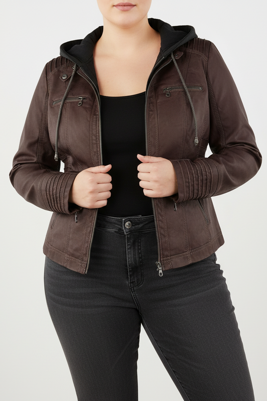 Stylish Women's Leather Jacket with Removable Hood - Plus Sizes L-3XL 1