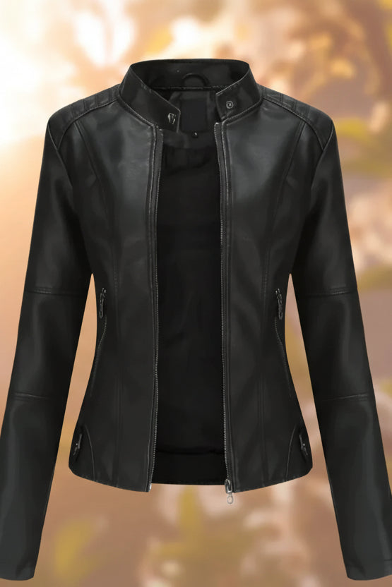 Stylish Women’s Leather Jacket with Structured Fit and Full Zip Closure 0