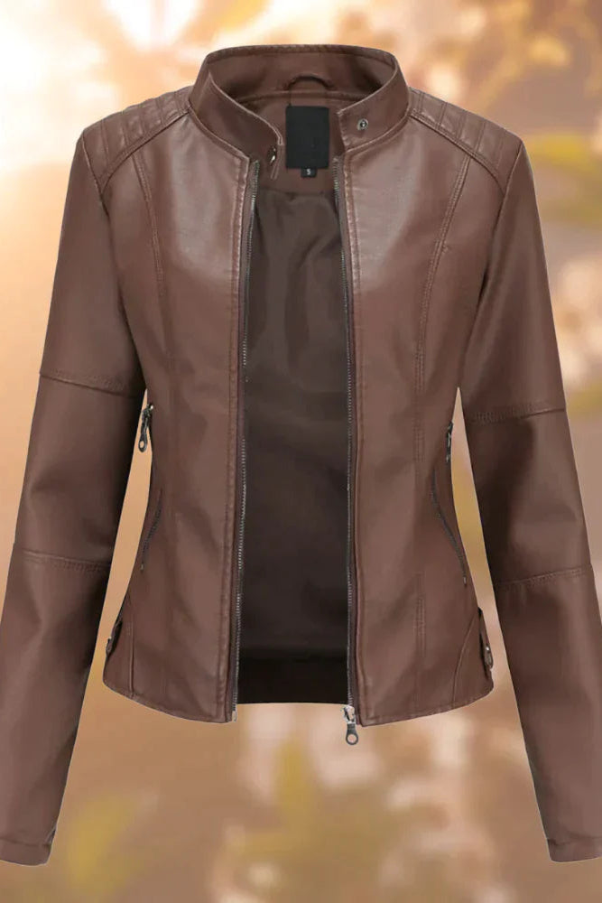 Stylish Women’s Leather Jacket with Structured Fit and Full Zip Closure 1