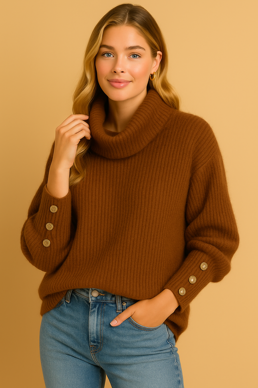 Stylish Women's Turtleneck Sweater with High Collar & Unique Button Details 3