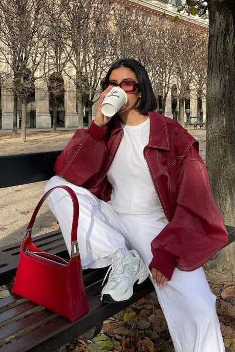 Trendy Oversized Red Leather Jacket for Women - Stylish & Comfortable Fashion Statement 5