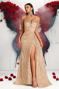 Valentina - Sequin Embellished V-Neck Gown with Flowing Skirt