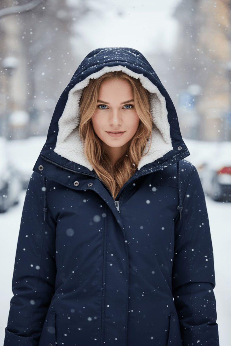 HEATDRIFT – Warm Women’s Puffer Coat with Hood and Weather Shield