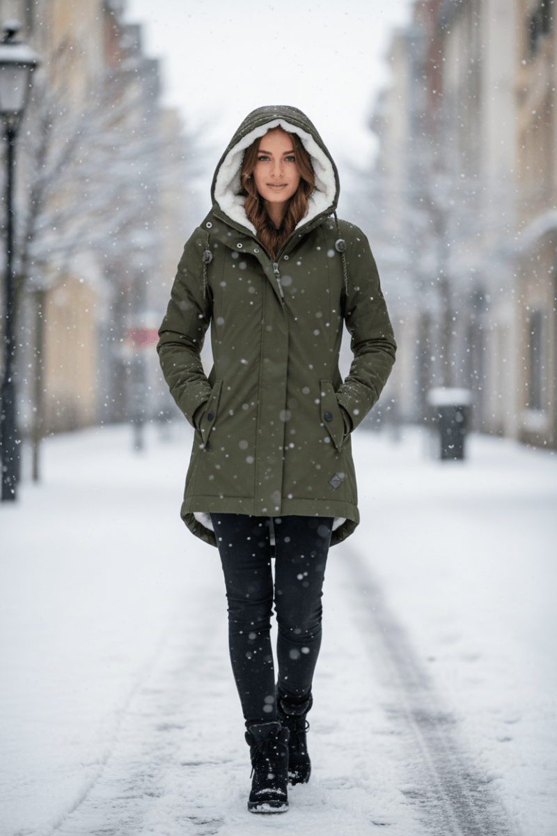 HEATDRIFT – Warm Women’s Puffer Coat with Hood and Weather Shield