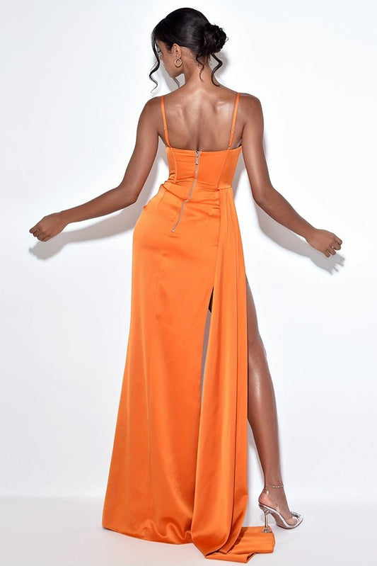 Zara - Asymmetric Satin High-Slit Maxi Dress