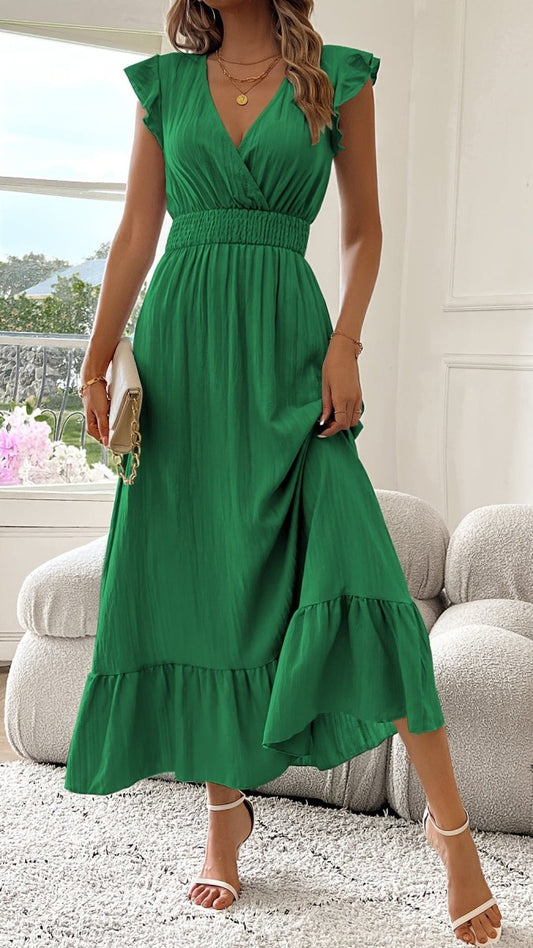 AZURELLE - Women’s Deep V-Neck Ruffle Sleeve Maxi Dress