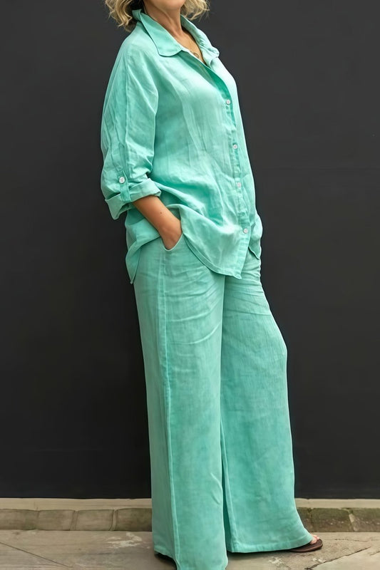 ALYONA – Relaxed Linen Collared Top & Loose Straight Pants
