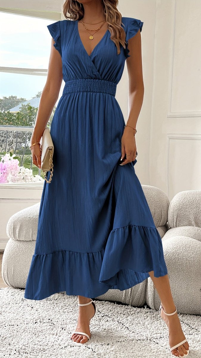 AZURELLE - Women’s Deep V-Neck Ruffle Sleeve Maxi Dress